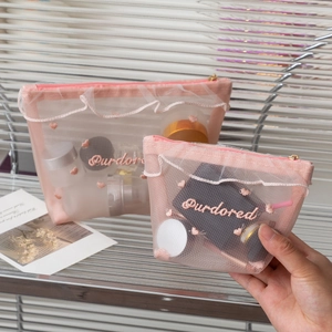 Pink Mesh Cosmetic Bag Heart Embroidery Transparent Makeup Pouch Portable Travel Toiletry Organizer For Women Girls