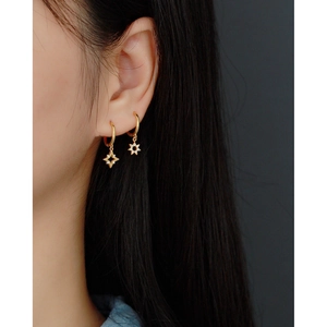 Elegant gold S925 sterling silver star drop earrings with sparkling zircon on a model