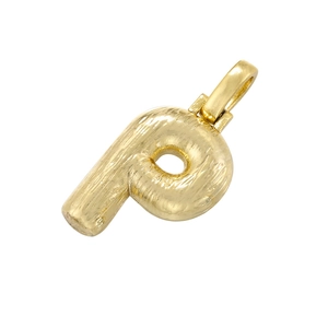 Macro view of 18K gold plated letter P pendant with a unique brushed metal texture surface