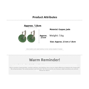 Detail of jade safety buckle earrings with dimensions 2.1cm by 1.8cm on white background