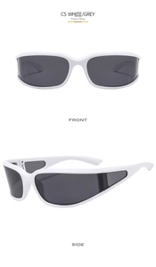 Front and side detail of white frame sports sunglasses with grey polarized lenses