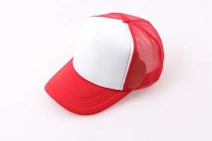 Side view of a red and white mesh trucker hat with a curved brim and breathable back
