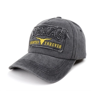 Macro shot of vintage gray washed baseball cap showing Texas embroidery and distressed patch