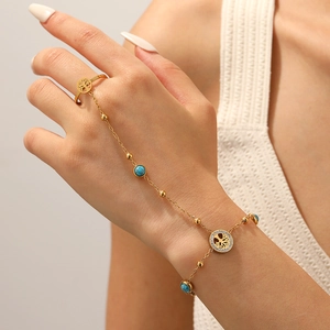 Gold Plated Stainless Steel Finger Bracelet With Ring Hamsa Hand Evil Eye Tree Of Life Heart Turquoise Beads For Women
