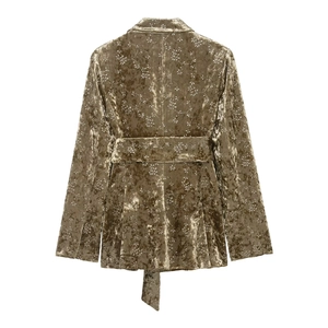 Metallic bronze velvet blazer with white floral embroidery and matching waist belt
