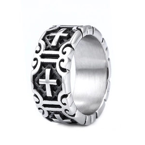 Retro punk stainless steel cross ring with vintage silver finish and embossed scroll patterns