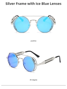 Steampunk silver metal sunglasses with round ice blue mirror lenses and spring temples