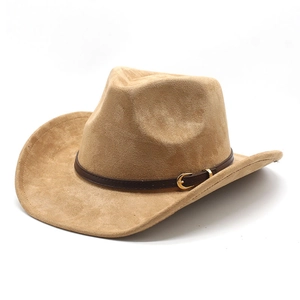 Classic camel faux suede western cowboy hat with brown leather band and gold buckle detail