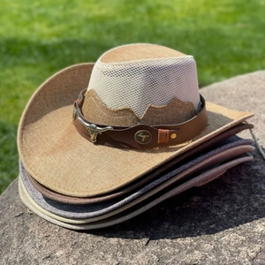 Western Cowboy Hat Straw Mesh Splicing Breathable Bull Head Leather Band Sun Protection Wide Brim Outdoor Beach Men Women