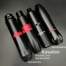 Detail view of four professional black rotary tattoo machine pens with red accents