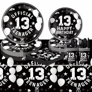 Close-up of 13th birthday party set with Official 13 Teenager tableware and tablecloth