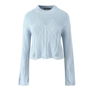 Light blue cable knit cropped sweater with distressed ripped hem and round neck detail