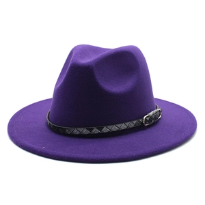 Detail of deep purple wool felt fedora featuring a braided band with silver buckle