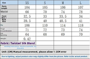 Detailed size chart for wide-leg pants showing waist, hip, and length measurements in cm