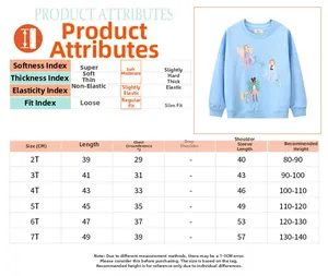 Detailed size chart for girl's autumn sweatshirt and leggings set with fabric attributes