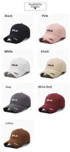 Detail shot of distressed baseball caps in seven colors with NY&JA letter embroidery