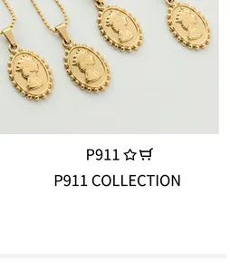 Detail of four vintage oval embossed 18K gold plated necklaces with Queen portraits