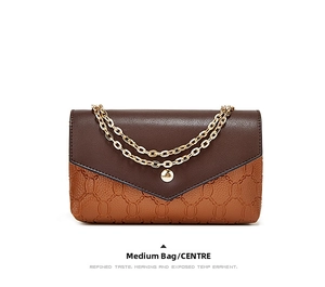 Detail of two-tone chain flap bag showing brown lychee leather and geometric texture
