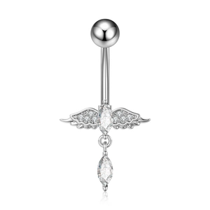 Macro shot of silver angel wing belly ring with marquise-cut white zircon on white background