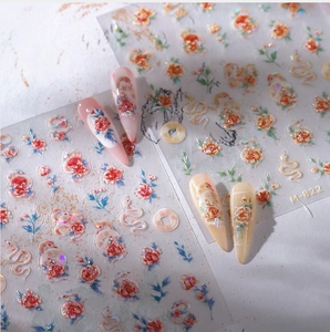 Detail of M-822 nail stickers featuring vintage red roses and golden snake designs