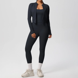 Three-piece black yoga set with full-zip jacket, tank top, and high-waist leggings