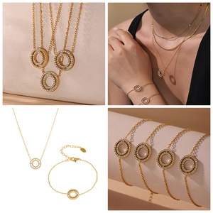 Detailed four-way view of 18k gold plated stainless steel necklace and bracelet set