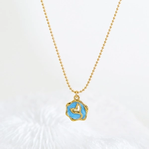 French Vintage Blue Enamel Fish Tail Pendant Necklace Titanium Steel Gold Irregular Round Plate Hollow Whale Tail Jewelry