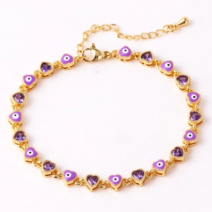 Adjustable gold bracelet with purple evil eye hearts and sparkling zircon stones
