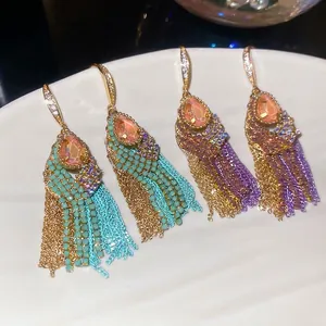 Vintage bohemian tassel earrings with teardrop zircon and layered gold chains