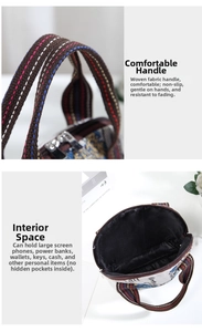Detail of ethnic style fabric handbag featuring woven handles and spacious inner compartment