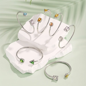 Elegant S925 sterling silver spring bangle with colorful ice cut zirconia in multiple shapes
