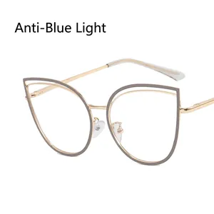 Retro cat-eye metal frame glasses with blue light blocking lenses in gold and brown finish