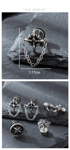 Detailed tile display of punk crown and cross chain earrings with size dimensions