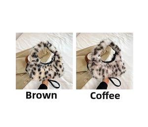 Detailed comparison of brown and coffee leopard print plush crescent handbags