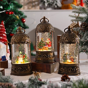 Christmas Lantern Snow Globe Lighted Water Glitter Bronze Vintage Desktop Ornament With Santa Snowman Nativity Scenes