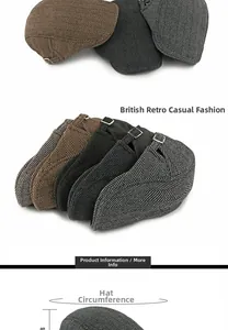Detail view of herringbone baker boy caps with adjustable metal buckles and fabric texture