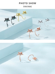Close-up of S925 sterling silver cat earrings in black, gold, silver and rose gold