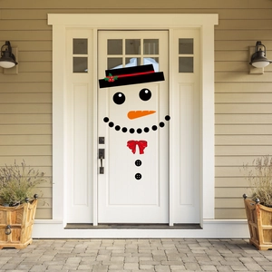 Christmas snowman face door stickers with black hat and red bow for holiday garage decoration
