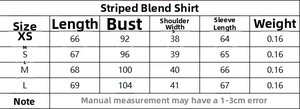 Detailed size chart for striped casual shirts including length and bust measurements