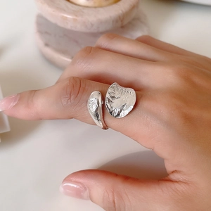 925 sterling silver double layer open ring with natural irregular texture for women