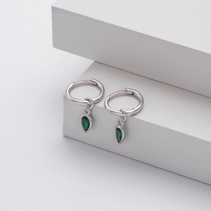 Close-up of S925 silver hoop earrings featuring elegant green waterdrop zircon pendants