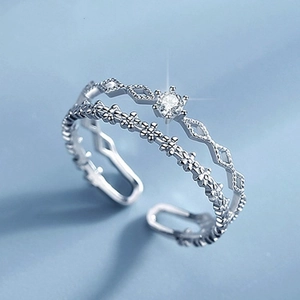 Anillo de doble capa de plata de ley S925 con rombos y piedras de circonita