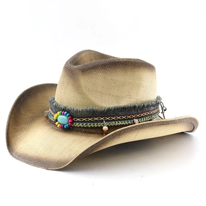 Cappello da cowboy in paglia intrecciata con turchese e nastro di perline etniche