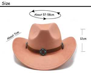 Detail of pink suede fedora hat with brown leather band and turquoise conchos