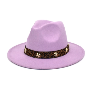 Lavender fedora wool hat featuring a leopard print band with gold star studs