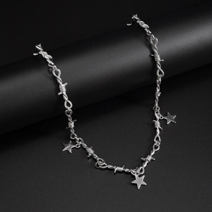 Men's retro silver thorn chain necklace with star pendants in punk hip hop style