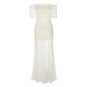 Close-up of off-white off-shoulder dress featuring ruched details and sheer mesh fabric