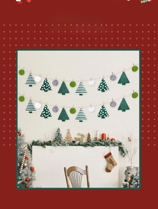 Detail der Weihnachts-Filzgirlande mit grün-weißen Bäumen und runden Anhängern