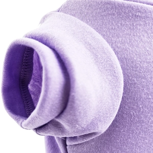 Close-up of the durable stitching and rolled edge cuff on a purple knit pet shirt