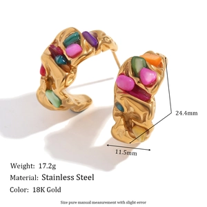 18K gold plated stainless steel geometric earrings with colorful crushed stones